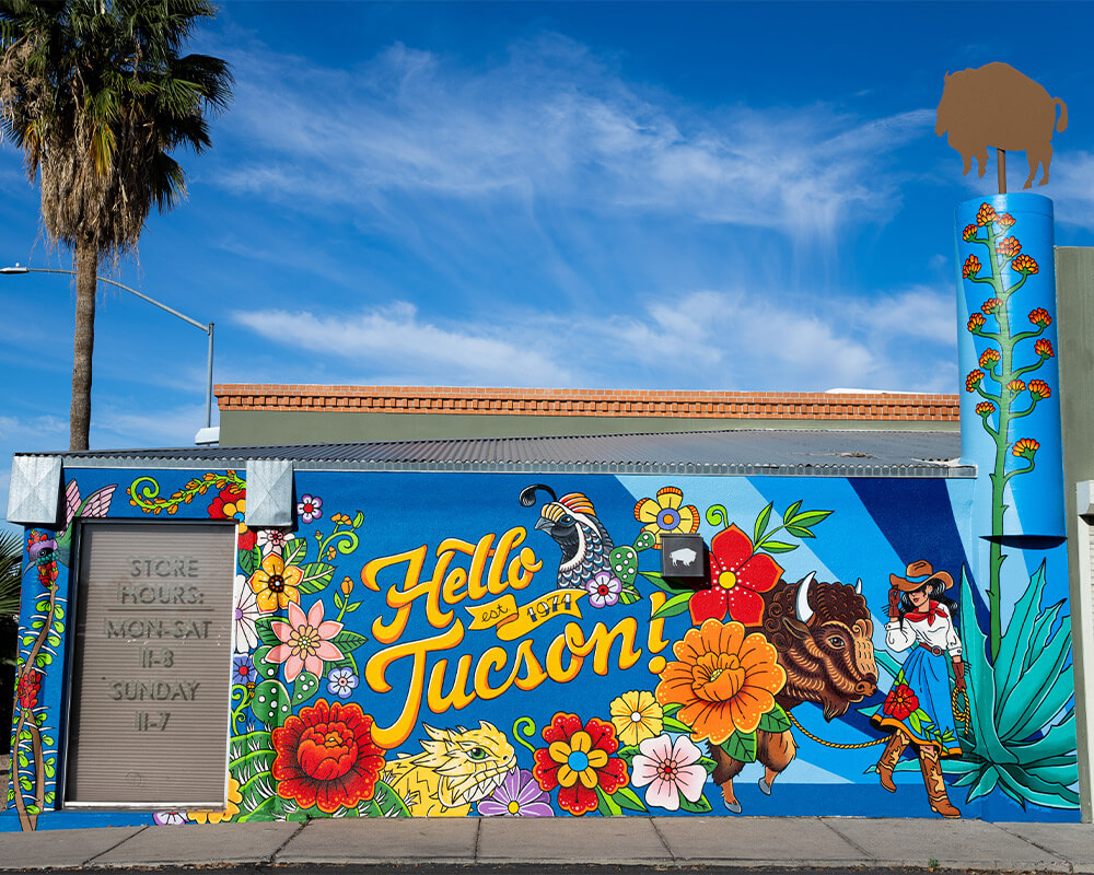 new mural at buffalo exchange tucson saying hello tucson
