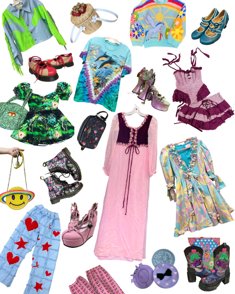 collage of brightly colored hemlocke springs inspired clothing and accessories