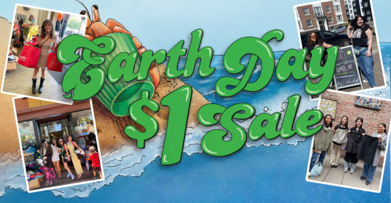 Green Earth Day $1 Sale text on a hand-drawn ocean background featuring pictures of customers with clothing from the sale.