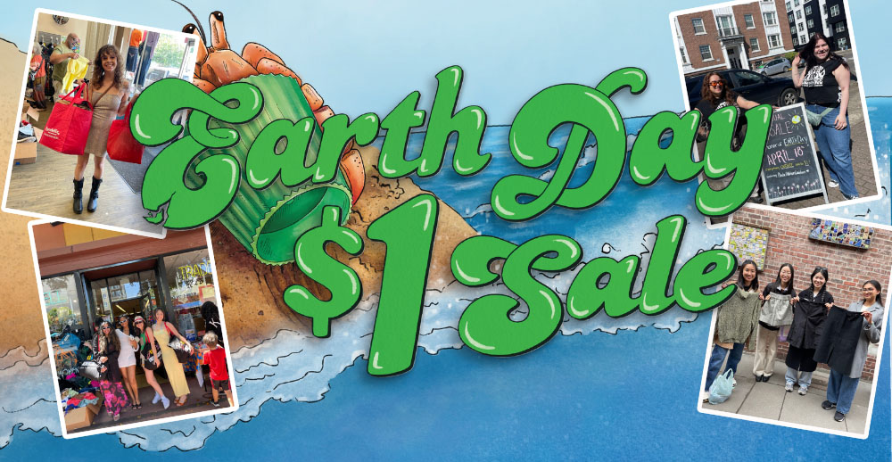 Green Earth Day $1 Sale text on a hand-drawn ocean background featuring pictures of customers with clothing from the sale.